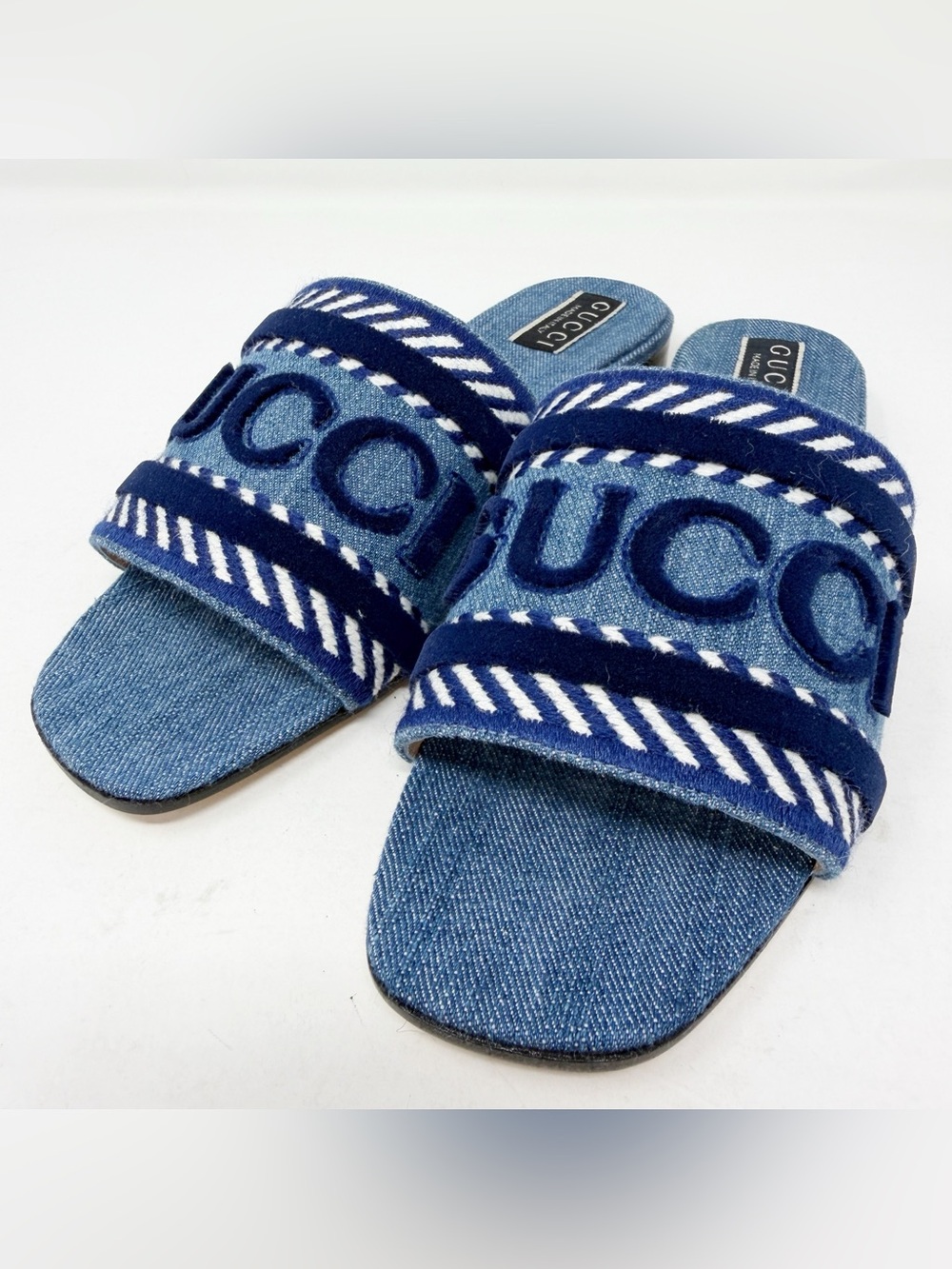 Gucci Plain Spain Denim JANE Slides Sandals Embroidered Jeans Size 38.5 IT NEW